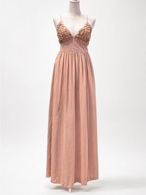 Privy Tan Taupe Maxi Dress Boho Formal V-Neck Flowy Evening Wedding Guest Size M